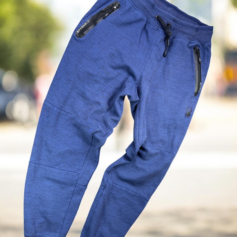 Spyder Active Pants Mens Medium Blue Tech Fleece Joggers Sweatpants‎ Zip Pockets